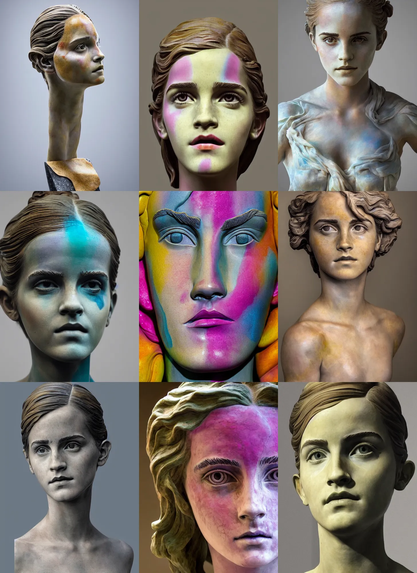 Prompt: sculpture statue of Emma Watson by Jean-Baptiste Carpeaux and Luo Li Rong and Michael James Talbot, all body, very emotional, perfect symmetrical face, psychedelic colors, surrealistic, bodypaint, colored marble, in full growth, elegant, realistic, 8K, female full-skin figure, hyperrealism, subsurface scattering, raytracing, rim light, Octane Render, Redshift, Zbrush