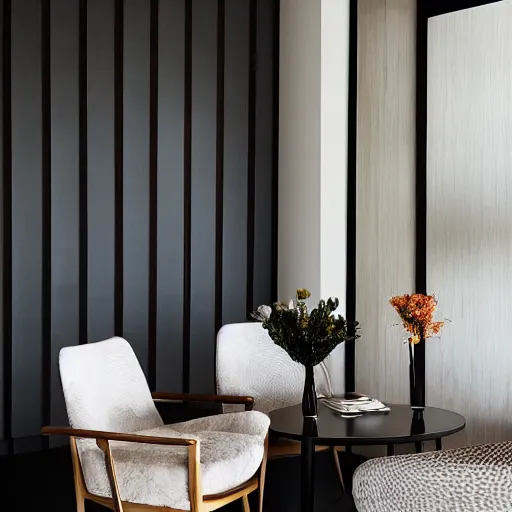 Image similar to lounge and dining room, stone, interior design, stylish luxury hotel living room design, yakisugi, black vertical slatted timber, textures, feminine, black walls, art, Japanese pottery vase with flowers, kakejiku, seasonal, Japanese influences