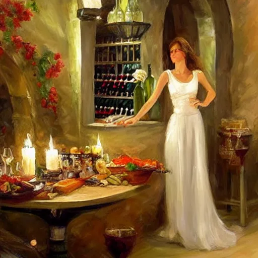 Image similar to wine cellar full of food, torches on the wall, schnapps, romantic, inviting, cozy, blonde woman, painting Vladimir Volegov