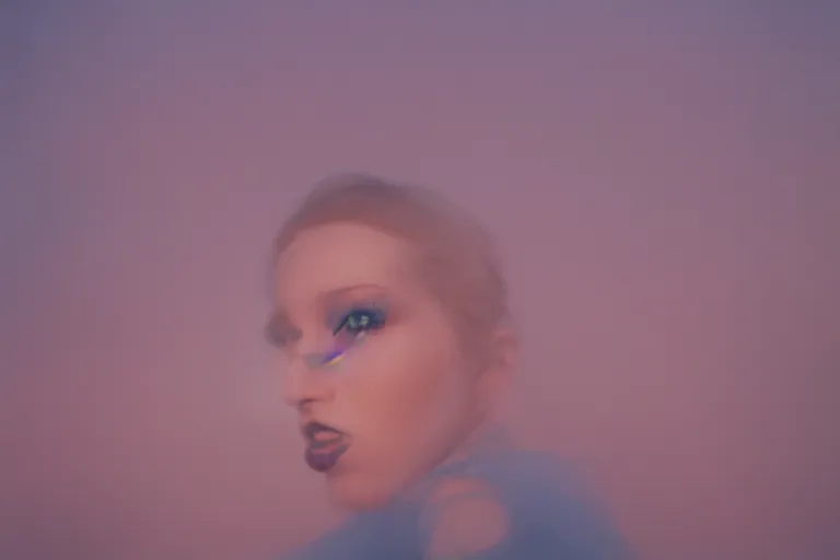 Image similar to film photography, gonzo, woman\'s mouth with smeared lipstick in motion blur in blue fog, golden hour, 35mm, motion blur