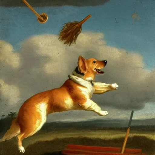 Prompt: dutch golden age painting of a corgi flying on a broomstick