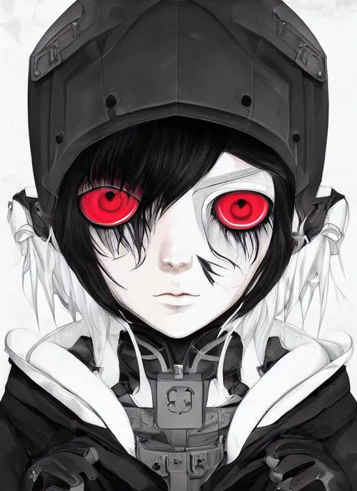 Prompt: techwear occultist, white hair home cut red eyes, by kyoto animation, chaos magick, leviathan cross, androgynous, beautiful, detailed symmetrical close up portrait, intricate complexity, in the style of artgerm and ilya kuvshinov, cel shaded