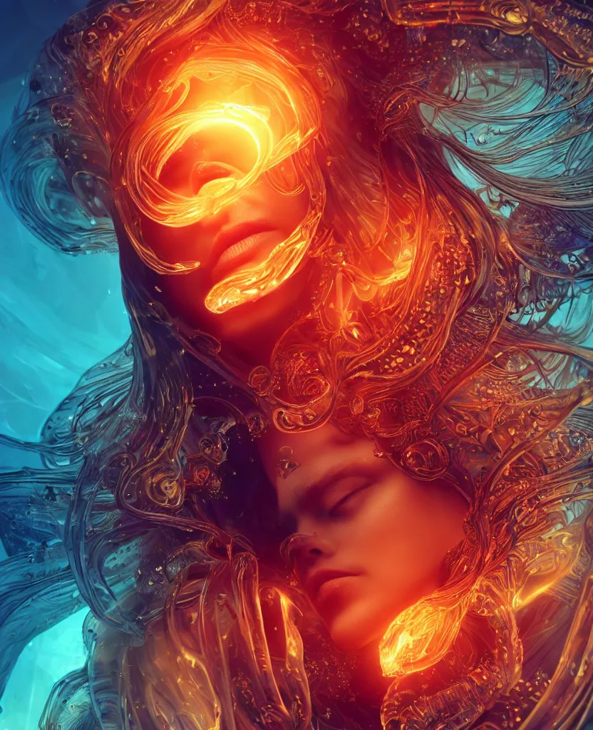 Image similar to close-up macro portrait of the face of a beautiful princess, epic angle and pose, symmetrical artwork, 3d with depth of field, blurred background, cybernetic jellyfish female face skull phoenix bird, translucent, nautilus, energy flows of water and fire. a highly detailed epic cinematic concept art CG render. made in Maya, Blender and Photoshop, octane render, excellent composition, cinematic dystopian brutalist atmosphere, dynamic dramatic cinematic lighting, aesthetic, very inspirational, arthouse. y Greg Rutkowski, Ilya Kuvshinov, WLOP, Stanley Artgerm Lau, Ruan Jia and Fenghua Zhong