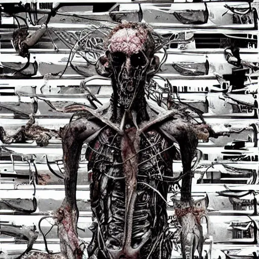 Image similar to “ugly filthy gross fleshy raw meat insectoid cybernetic mummy knight wrapped in barbed wire standing in a filthy dirty small server room covered with graffiti, garbage and networking cables. David Cronenberg. Body horror style. 35mm.”