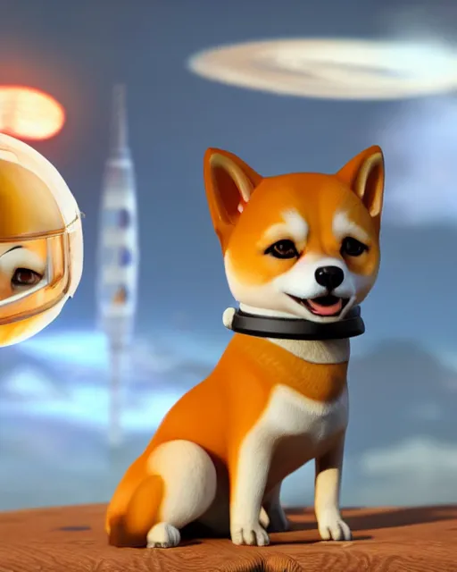 Prompt: a fantasy character with a cute shiba inu head, an astronaut body and a transparent glass helmet, shiba inu winking mischievously ， unreal 5, 8 k