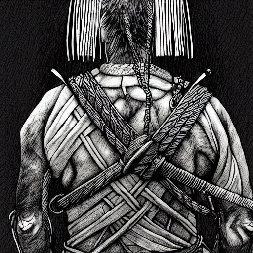 Image similar to a portrait from behind of a samurai man vagabond that holds chains, detailed, illustration, concept art, ink style, sketch