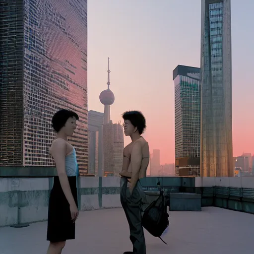 Image similar to a small rooftop with a couple of modern teenagers, standing and talking to each other, wearing black modern clothes, modern shanghai bund is on the background, sunset, by gregory crewdson, by hajime sorayama