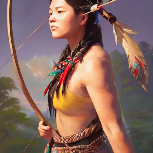 Image similar to a woman dressed in native american clothing holding a bow and arrow, a fine art painting by john clayton, ambient lighting, detailed face, by makoto shinkai, stanley artgerm lau, wlop, rossdraws