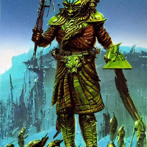 Prompt: sardaukar warrior on green planet, vintage sci - fi art, by bruce pennington
