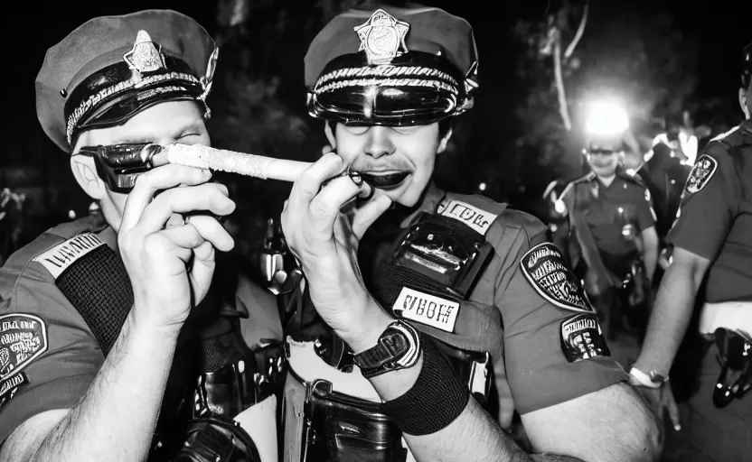 Image similar to photography of police in the night, smoking a very big joint, smiling, flash shot