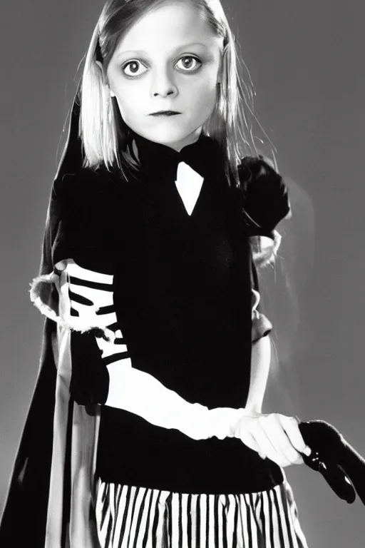 Image similar to Young Jodie Foster as Wednesday in The Addams Family movie 1991, iconic black dress, color