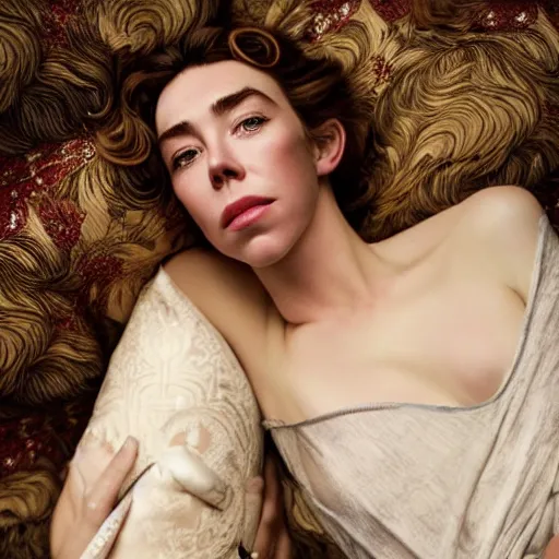 Prompt: stunning photo of vanessa kirby laying back on a pillow, dark - haired goddess with tears running down her face, a beautiful closeup, wet lips, perfect eyes, insanely detailed, elegant, by mucha, wlop, rutkowski, livia prima