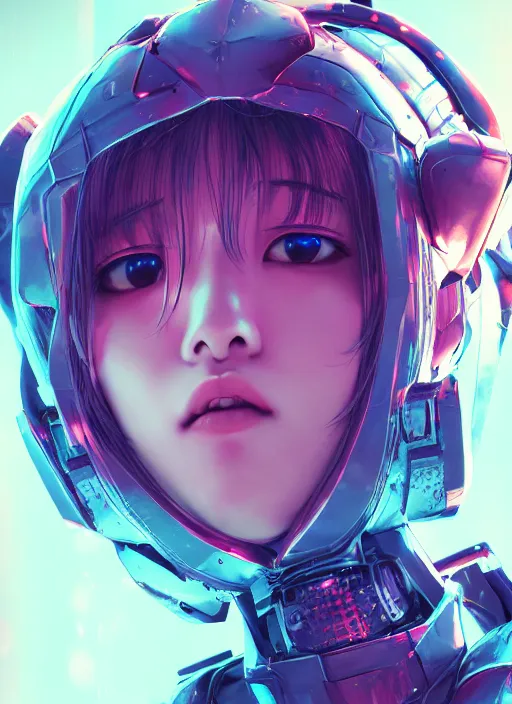 Image similar to a highly detailed portrait of a kpop idol mecha girls in spiked cyberpunk bioarmor trending on artstation by yoshitake amano, cyberpunk light, holographic undertones, 3 d cg, octane rendered, futuristic, 2 k aesthetic, dramatic lighting, 4 k, highly saturated colors