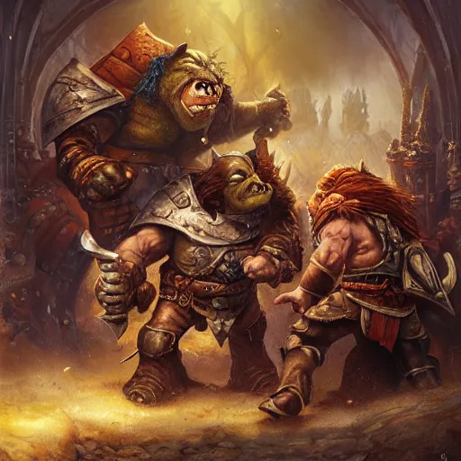 Image similar to knights vs orcs, oil painting by justin gerard, deviantart
