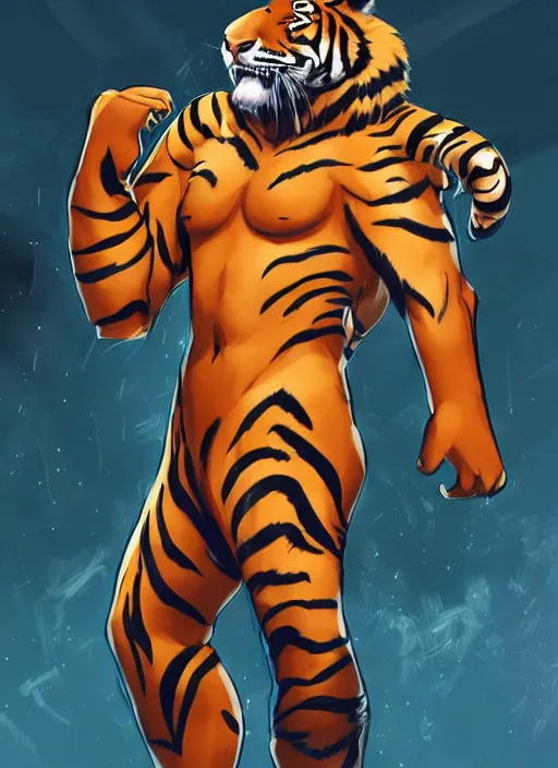 Prompt: character portrait of a male anthro Tiger fursona wearing a wrestling costume in a futuristic wrestling ring. Character design by charlie bowater, ross tran, artgerm, and makoto shinkai, detailed, inked, western comic book art