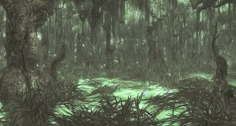 Image similar to A dense and dark enchanted forest with a swamp, from FF7