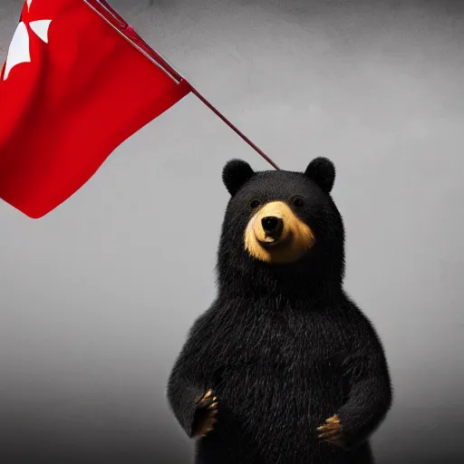 Prompt: a portrait of a socialist bear in a military uniform with a big hat, waving a red flag in Berlin, 4K realistic, hyper detailed, cinematic lighting, wow factor, award winning photo