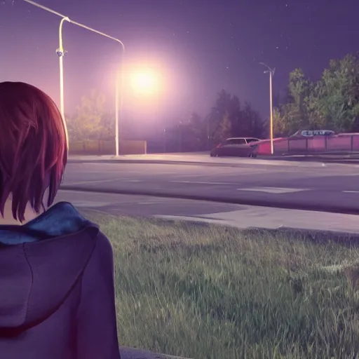 Prompt: max caulfield watching the metropolits at night, realistic, cinematic