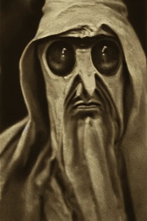 Image similar to orko, portrait, full body, symmetrical features, silver iodide, 1 8 8 0 photograph, sepia tone, aged paper, sergio leone, master prime lenses, cinematic