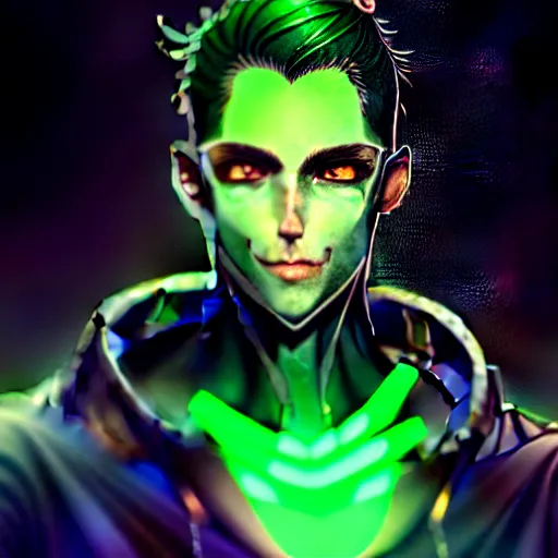 Prompt: a highly detailed portrait of a man with dark green hair and green glowing eyes, high detail clothing, concept art, anime, artstation, professional