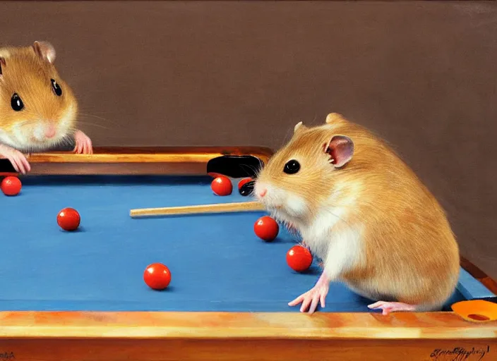 Image similar to a highly detailed beautiful portrait of a hamster playing pool, by gregory manchess, james gurney, james jean