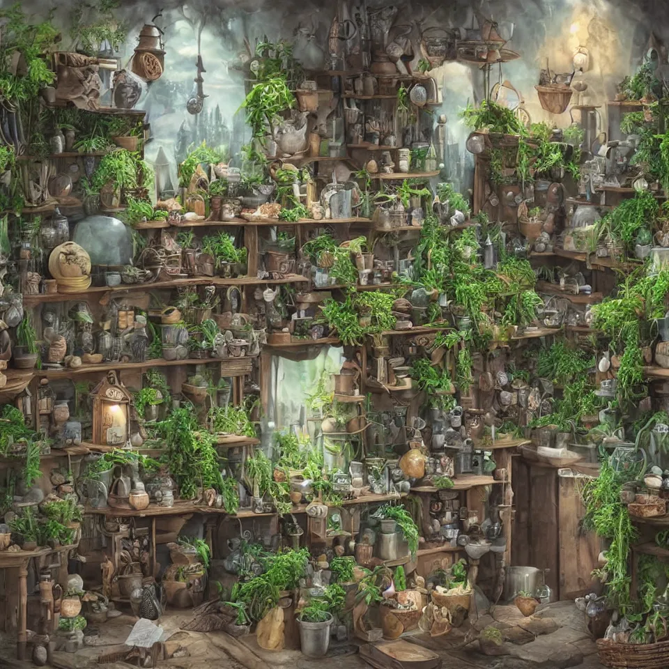 Image similar to small witch shop, counter, cauldrons, potions, visitor!!! in a pointy hat!!, holding an owl, ferns and plants in pots, highly detailed, sharp focus, matte painting, by studio ghibli, by giovani magana,