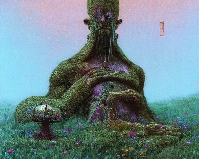 Prompt: a pagan luscious garden with amazing little altar and plants with a gigantic statue of an ancient god stretching its arms above the garden by beksinski, digital art, colorful, artstation, beksinski