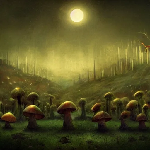 Prompt: a nightmarish creature looming over a city on the horizon, a mushroom forest