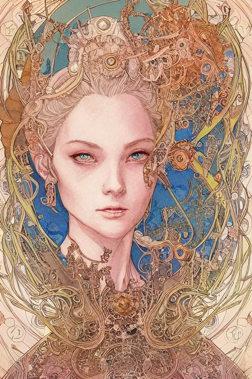 Prompt: zoomed out portrait of english princess, ornaments, stylized illustration by yoshitaka amano and moebius, watercolor gouache detailed paintings, mucha vibe, dieselpunk, solarpunk, artstation