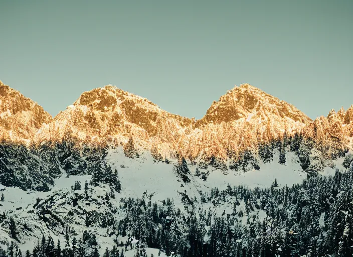 Prompt: symmetry!! a 2 8 mm macro tilt shift view of a beautiful rugged snowy mountain range, photography, film, film grain, canon 5 0 mm, cinematic lighting, golden hour, hazy,