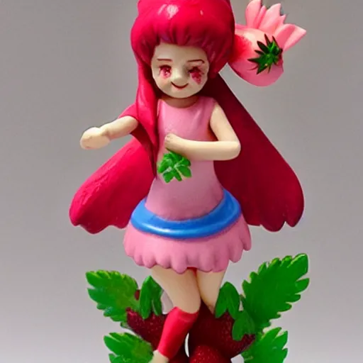 Prompt: a femo figurine of a cute funny strawberry fairy