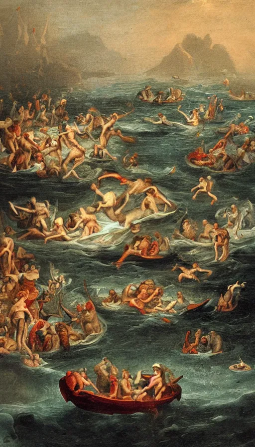 Image similar to man on boat crossing a body of water in hell with creatures in the water, sea of souls, by andre francois