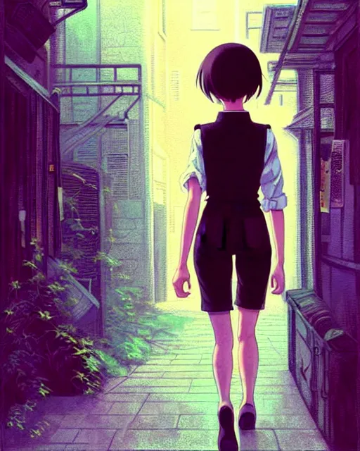 Image similar to cute girl in vest, walking in an alley. | very very anime!!!, fine - face, audrey plaza, realistic shaded perfect face, fine details. anime. realistic shaded lighting poster by ilya kuvshinov katsuhiro otomo ghost, magali villeneuve, artgerm, jeremy lipkin and michael garmash and rob rey