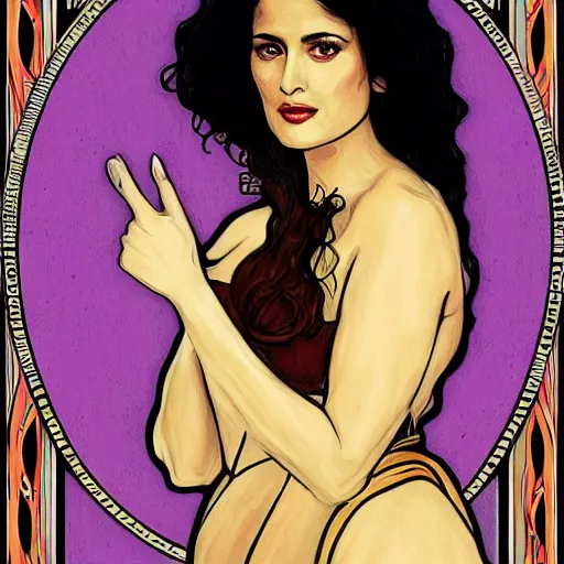 Prompt: salma hayek portrait, mucha style