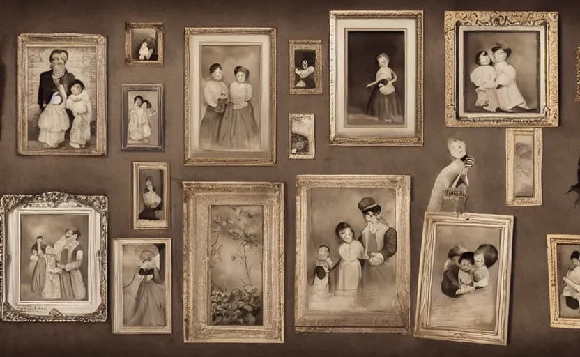 Prompt: 19th century storybook illustration of family photo portraits in picture frames on a wall, line art, water color, sepia tints