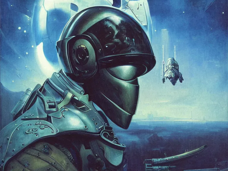 Image similar to a detailed profile painting of a bounty hunter in armour and visor, cinematic sci-fi poster. Spaceship high in the background. Flight suit, anatomy portrait symmetrical and science fiction theme with lightning, aurora lighting clouds and stars. Clean and minimal design by beksinski carl spitzweg and tuomas korpi. baroque elements. baroque element. intricate artwork by caravaggio. Oil painting. Trending on artstation. 8k