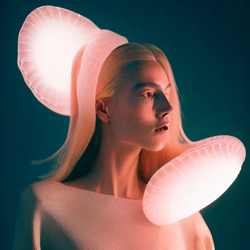 Image similar to fashion photography of a woman wearing an outfit inspired by a jellyfish, artistic photography, cinematic lighting, insanely detailed, chiaroscuro, cinestill 8 0 0 t, vogue magazine