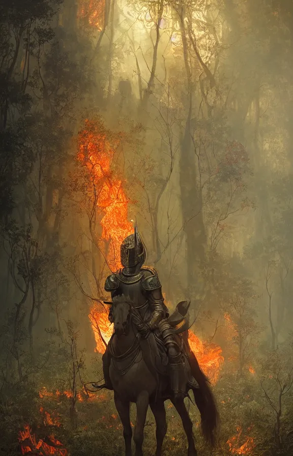 Image similar to portrait of a knight among flowers in dark forest, surrounded by fire and smoke, moody, rim light, dynamic lighting, cinematic shot, gritty, ultra - detail, renderman, physically based render, jean delville, gustave dore and marco mazzoni