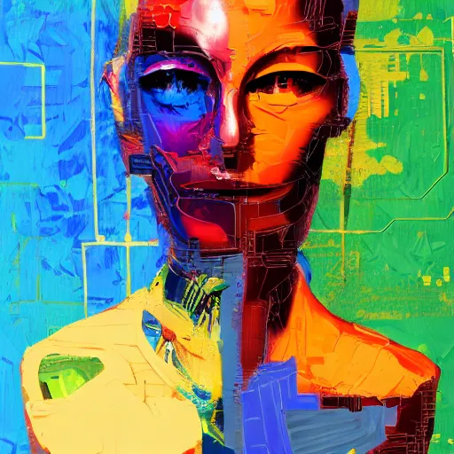 Image similar to a graph - style gouache impasto huge robot head in front of her, cyberpunk art by