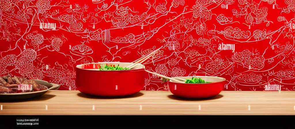 Image similar to a beautiful simple 4 k hd red wall paper illustration of roasted string hotpot, red wallpaper design, simple style, gourmet style, commercial kebab hotpot wallpaper display, wall painting, from china, with merchant logo, simple structure, surrealistic, chinese style, victo ngai, james jean, denoise, deblurring