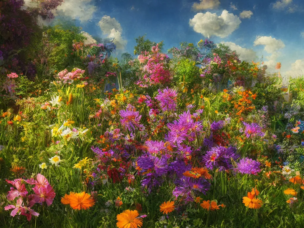 Image similar to sunlight study, wildflower garden, art nouveau, by jan davidz de heem and ( ( ( ( ( lisa frank ) ) ) ) ), 8 k, sharp focus, octane render, kauai