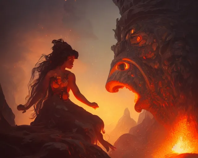 Prompt: photography of two people in volcano, deep focus,, fantasy, intricate, elegant, highly detailed, digital painting, artstation, concept art, matte, sharp focus, illustration, hearthstone, art by artgerm and greg rutkowski and alphonse mucha