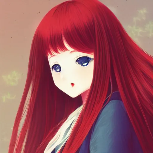 Image similar to An ultradetailed portrait close-up Japanese girl with red long hair, nekomimi, symmetrical facial features, digital art, cel shading, dreamy and ethereal, by Shinkai Makoto ,Kyoto Animation, anime illustration, trending on Pixiv.