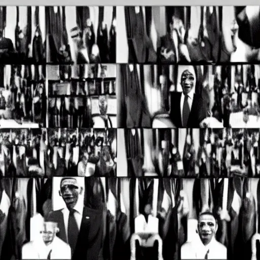 Prompt: CCTV footage of an entire room filled with 50 Barack Obama's staring at the camera, creepy, nightvision, screencapture