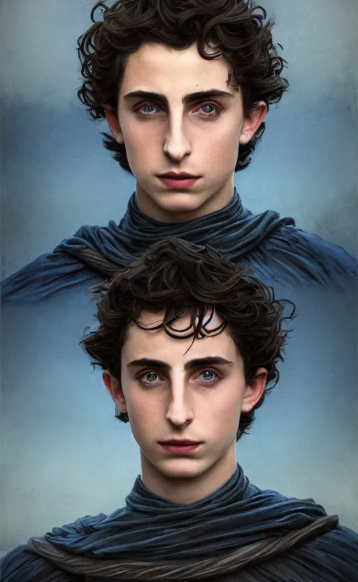 Image similar to beautiful paul atreides timothee chalamet with a three day beard, emperor of the known universe, completely blue eyes, perfect dramatic and dark portrait insanely detailed, concept art, deep focus, intricate, highly detailed, digital painting, artstation, matte, sharp focus, illustration, art by greg rutkowski and alphonse mucha, low angle, dominant eye