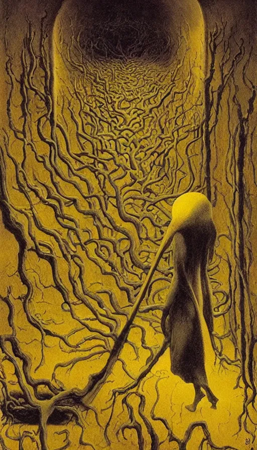 Image similar to forbidden knowledge, madness, the eldritch king in yellow by beksinski, tarot card, strange frames, ghibli by rene magritte and salvadore dali