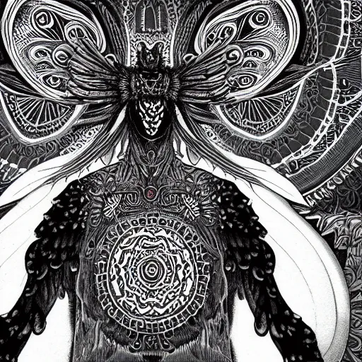 Image similar to A centered chest up portrait of a psychedelic godlike mothman with giant mandala wings smoking a hand-rolled cigarette smoking heavily , magic mushroom village in background , award winning. superb resolution. in the art style of junji Ito and greg rutkowski . Detailed Mushroom city in background. Hyper realistic anime. Perfect art. Dalle2