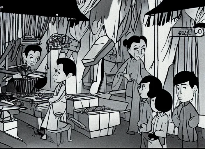 Image similar to a film still from the animation the chinese market ( 1 9 8 0 ) walt disney style, oscar winning animation, award winning