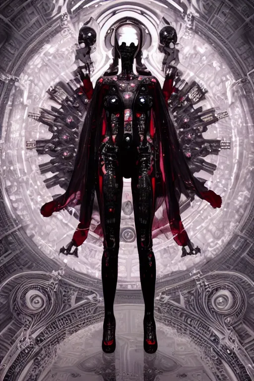 Prompt: full-body cyberpunk style sculpture of a young beautiful dark priestess, half android with a head opening exposing circuitry. glowing red eyes, black roses, flowing blood red colored silk, fabric, candles. baroque elements, human skull. full-length view. baroque element. intricate artwork by caravaggio. crows flying in background. Trending on artstation .octane render, cinematic lighting from the right, hyper realism, octane render, 8k, depth of field, 3D