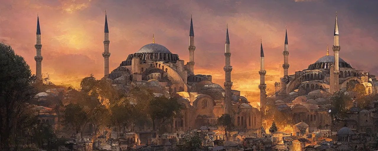 Prompt: historicaly accurate medieval istanbul and hagia sophia scenery landscape, lord of the rings,, rule of thirds, sunset, highly detailed, perfect lighting, perfect composition, 4 k, artgerm, derek zabrocki, greg rutkowski